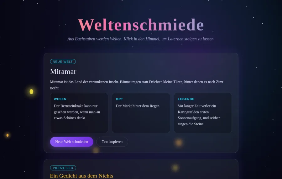 Weltenschmiede – Sternenhimmel mit Laternen und Weltengenerator